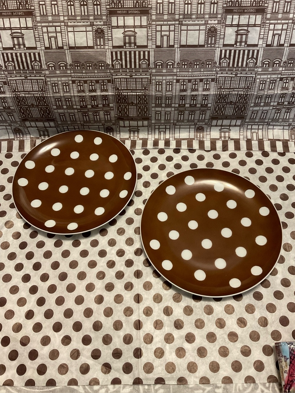 Set of 2 Vintage Brown with White Polka Dot Salad Plates